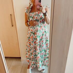 Hill House “Nap Dress” floral Maxi Dress with Ruffle Sleeves